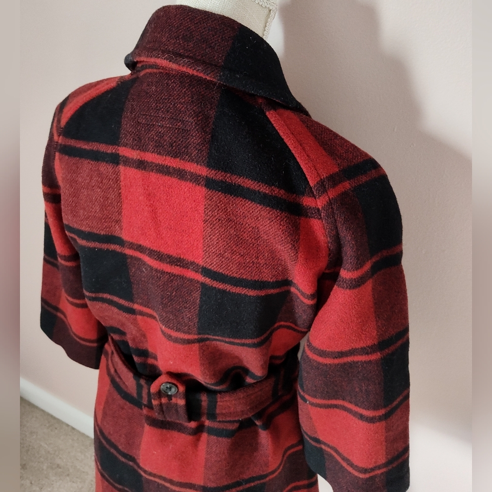 🥰 Vintage Y2K (2008) GAP Buffalo Plaid 3/4 Sleeve Mid Length Wool Pea Coat, SM - Picture 12 of 15